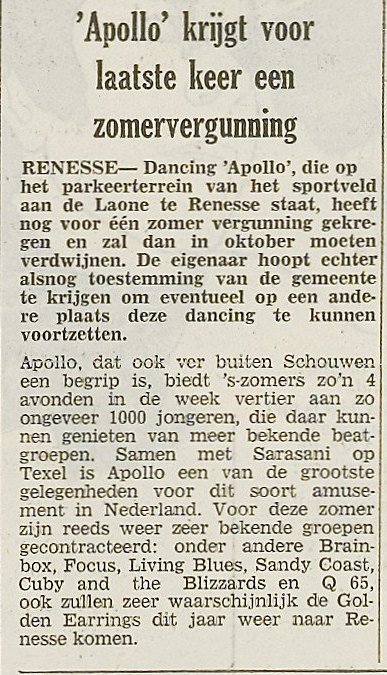 Golden Earring PZC newspaper show announcement July 03, 1972 Renesse - Dancing Apollo
